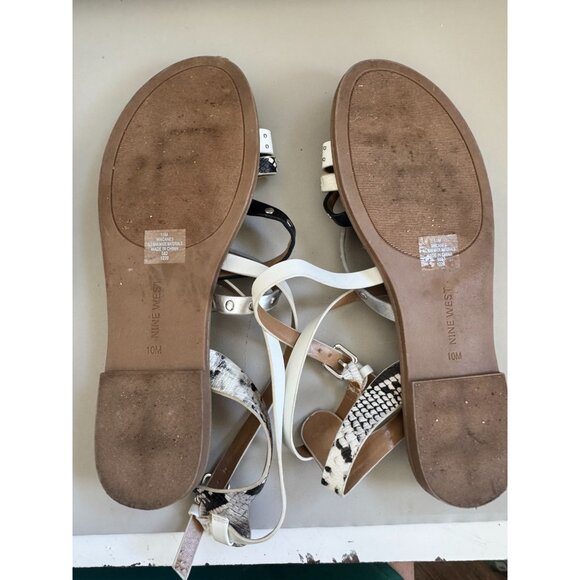 NINE WEST METALLIC WHITE SANDALS WOMENS ANIMAL PRINT MIXED MEDIA SZ 10 WOMENS - Picture 2 of 2